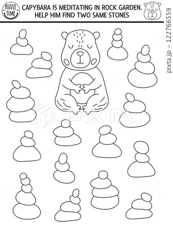 Find two same stone pyramids. Capybara black and white matching activity for children. Educational line quiz worksheet for kids. Printable game, coloring page with capibara meditating in rock garden 122766559