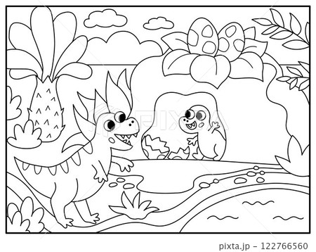 Vector black and white scene with Tyrannosaurus Rex going to cave. Dinosaur line landscape illustration. Cute prehistoric coloring page with T-rex and baby. Funny mother, child dino scenery for kids 122766560