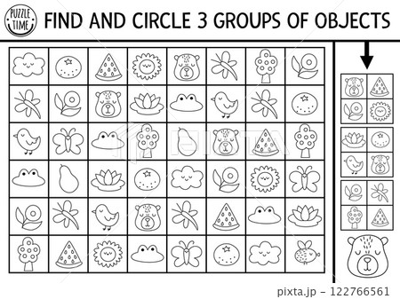Capybara black and white seek and find game. Line puzzle with tangerine, dragonfly, frog. Capibara printable activity, coloring page for kids. Searching puzzle. Find groups of objects 122766561
