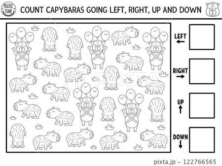 Capybara logic black and white game with right, left, up, down concept for kids. I spy searching, counting line activity with capibara. Printable space orientation worksheet, coloring page 122766565