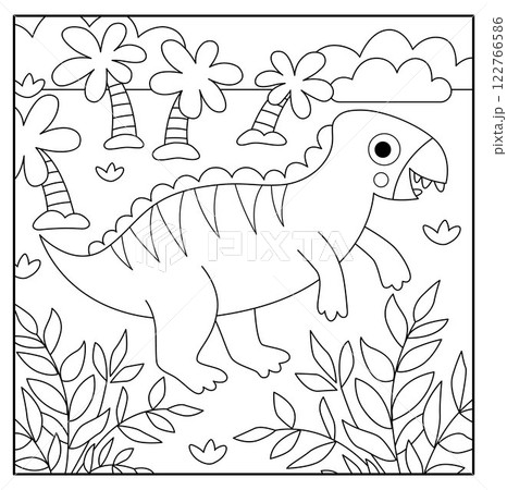 Vector square black and white scene with iguanodon, fern leaves, palm tree. Dinosaur landscape illustration. Cute prehistoric coloring page with forest, plant, greenery. Funny dino scenery Vector square black and white scene with iguanodon, fern leaves, palm tree. Dinosaur landscape illustration. Cute prehistoric coloring page with forest, plant, greenery. Funny dino scenery 122766586