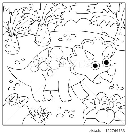 Vector square black and white scene with triceratops. Dinosaur line landscape illustration. Cute prehistoric coloring page with forest, palm tree, nest, egg. Funny dino scenery for kids 122766588