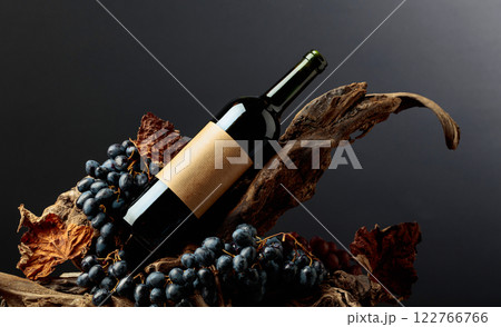 Bottle of red wine with empty label on a old snags. Bottle of red wine with empty label on a old snags. 122766766