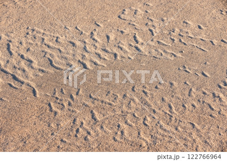 Frozen sand pattern partly covered with frost on the beach 122766964