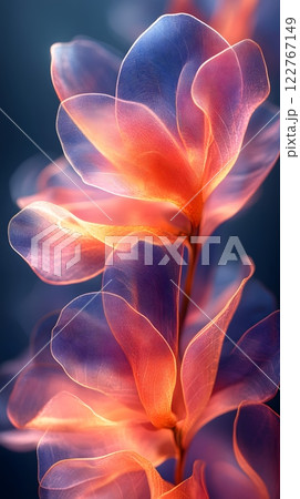 A dynamic composition with transparent shapes and vibrant gradients evokes movement and energy, creating a modern feel. Ideal for backgrounds in graphic design or digital media conveying innovation. 122767149