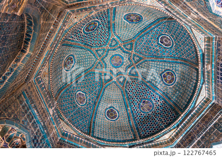 Decorated blue ceiling vault of an ancient mausoleum of Shah-i-Zinda Decorated blue ceiling vault of an ancient mausoleum of Shah-i-Zinda 122767465