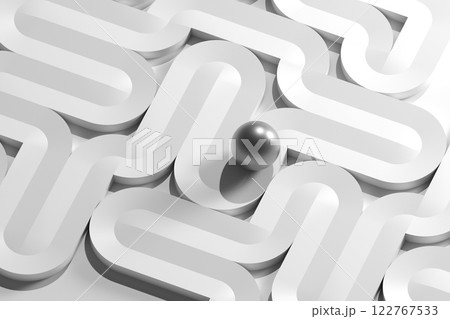 Metal ball rolls along curved paths of white labyrinth, computer graphic 3d Metal ball rolls along curved paths of white labyrinth, computer graphic 3d 122767533