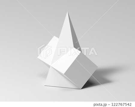 Abstract white geometric installation, pyramid intersected with a box 122767542
