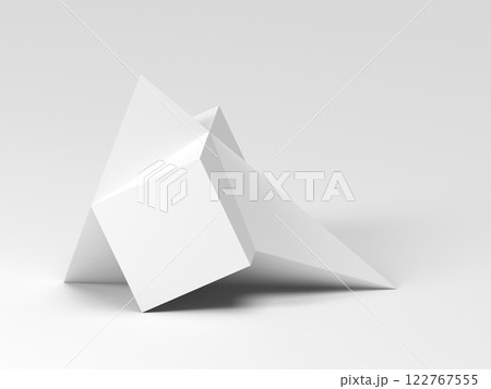 Pyramid merged with a box is in an empty scene. Abstract white shapes 122767555
