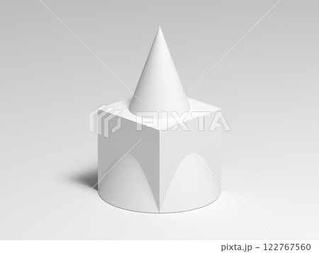 Abstract white geometric installation with a box merged with a cone, 3d 122767560