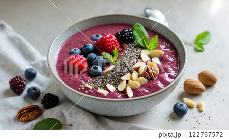 Bowl of Vibrant Acai Smoothie Garnished With Berries, Nuts, and Chia Seeds 122767572