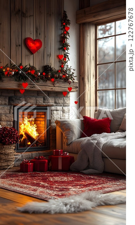 A cozy modern living room with Valentine's Day decor: a fireplace, heart-shaped wreath, and gifts on a luxurious sofa. Warm, romantic vibes perfect for campaigns or home decor ads highlighting love. 122767678