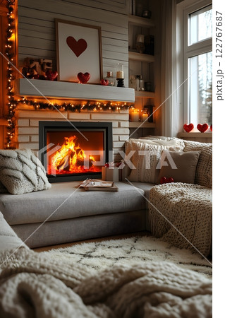 A cozy modern living room with Valentine's Day decor: a fireplace, heart-shaped wreath, and gifts on a luxurious sofa. Warm, romantic vibes perfect for campaigns or home decor ads highlighting love. 122767687