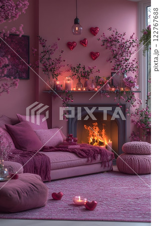 A cozy modern living room with Valentine's Day decor: a fireplace, heart-shaped wreath, and gifts on a luxurious sofa. Warm, romantic vibes perfect for campaigns or home decor ads highlighting love. 122767688