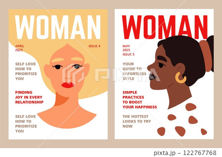 Female cover designs. Fashion magazines templates. Beautiful young women portraits. Stylish blonde and brunette hair. Attractive girls faces. Garish vector glamour journal banners set 122767768