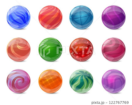 Glass game balls. Colorful marbles. Vintage kids toys. Refracting spheres with abstract pattern. Geometric shapes with stripes, waves and bubbles. 3D crystal orb. Vector round objects set Glass game balls. Colorful marbles. Vintage kids toys. Refracting spheres with abstract pattern. Geometric shapes with stripes, waves and bubbles. 3D crystal orb. Vector round objects set 122767769