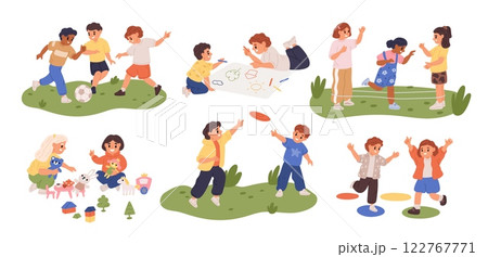 Happy children active games. Smiling kids play outdoor. Group and pair entertainment. Soccer players. Little friends jump with rubber bands. Boys drawing picture. Garish vector set 122767771