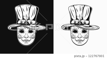 Carnival venetian face mask with Mardi Gras tall top hat with belt, band with fleur de lis pins. Festival masquerade accessories. Detailed black and white illustration in vintage style. Front view. Carnival venetian face mask with Mardi Gras tall top hat with belt, band with fleur de lis pins. Festival masquerade accessories. Detailed black and white illustration in vintage style. Front view. 122767801