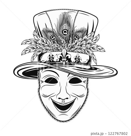 Theatrical comedy face mask with tall cylinder hat with bunch of feathers. Mardi Gras themed black and white illustration in vintage style. Theatrical comedy face mask with tall cylinder hat with bunch of feathers. Mardi Gras themed black and white illustration in vintage style. 122767802