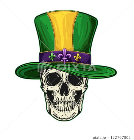 Human skull with green tall cylinder hat. Mardi Gras themed detailed illustration in vintage style. Human skull with green tall cylinder hat. Mardi Gras themed detailed illustration in vintage style. 122767803