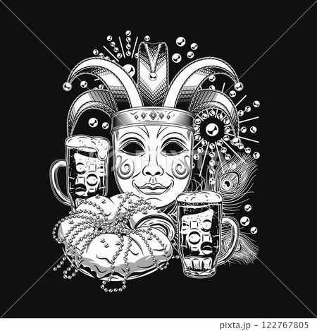Monochrome composition with carnival venetian face mask in jester harlequin hat, traditional festival Mardi Gras food, beer and king cake. Peacock feathers, beads behind. 122767805