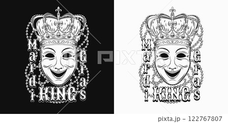 Mardi Gras King label. Black and white emblem with comedy theatrical mask in imperial crown, intertwined interlaced strings of beads, text. Rectangular composition in vintage style. Mardi Gras King label. Black and white emblem with comedy theatrical mask in imperial crown, intertwined interlaced strings of beads, text. Rectangular composition in vintage style. 122767807
