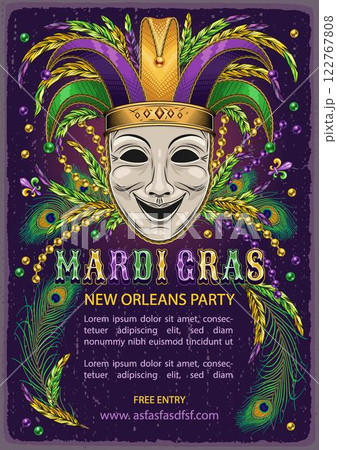 Mardi Gras carnival poster with comedy theatrical mask in jester hat, scattered beads, feathers, glossy text. A4 template with copy space for party, events in vintage style. 122767808