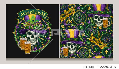 Mardi Gras beaded circular label with skull in top hat, beer, flying confetti, text in ribbon. Seamless pattern with skull, scattered fleur de lis, strings of beads, confetti. Vintage style Mardi Gras beaded circular label with skull in top hat, beer, flying confetti, text in ribbon. Seamless pattern with skull, scattered fleur de lis, strings of beads, confetti. Vintage style 122767815