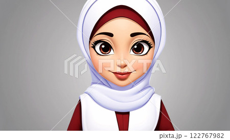 A cheerful animated character, depicted wearing a hijab, brings joy and positivity 122767982