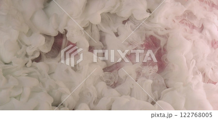 Water explosion. Smoke mix. Defocused white color glowing splash paint ink texture haze on pink shimmering abstract art light background. 122768005
