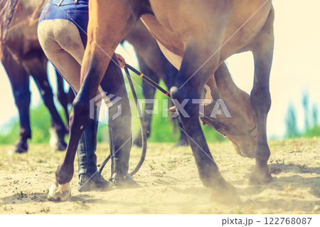 Closeup sepia photo of dark horse legs running Closeup sepia photo of dark horse legs running 122768087