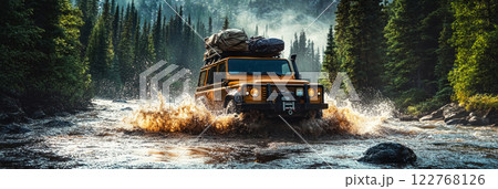 A powerful overlander SUV splashes through a river, demonstrating its off-road capability and adventure-ready design, with gear strapped firmly to the roof for exploration, banner 122768126