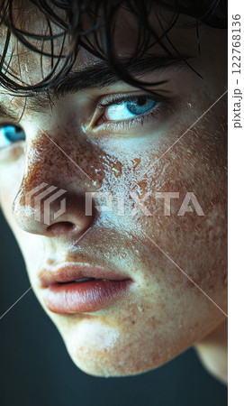 The vulnerable teenager, lost in thought, stares into the distance with a tear on their cheek, soft natural light emphasizing the tender depth of their emotion 122768136