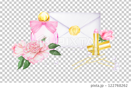 A romantic watercolor composition with perfume bottle, pink roses, lipstick and love letter. A perfect element for wedding invitations, branding, beauty packaging, greeting cards and romantic projects 122768262