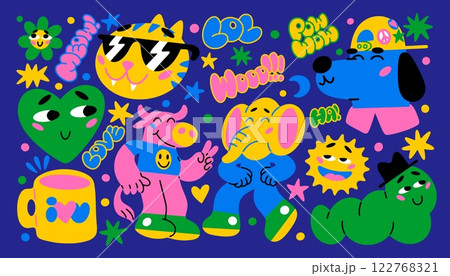 Funny shapes. Abstract comic animal face, modern trendy color geometric poster or contemporary dynamic colorful collage. Cow, doodle elephant and dog, stickers collection. Vector cartoon design 122768321
