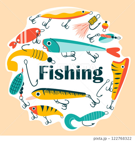Fishing emblem. Different colorful fishes with hooks needles in round form, fisher accessories and tools, fishermen equipment. Logo and label for shop. Vector cartoon flat isolated illustration Fishing emblem. Different colorful fishes with hooks needles in round form, fisher accessories and tools, fishermen equipment. Logo and label for shop. Vector cartoon flat isolated illustration 122768322