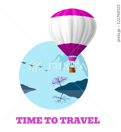 Hot air balloon. Time to travel. Nature landscape. Rocky valley. Mountain scenery. Scenic lake. Aerial transportation. Sky vehicle. Ballooning flight. Summer tourism. Journey vector banner Hot air balloon. Time to travel. Nature landscape. Rocky valley. Mountain scenery. Scenic lake. Aerial transportation. Sky vehicle. Ballooning flight. Summer tourism. Journey vector banner 122768325