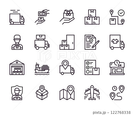 Delivery icons. Cargo logistic line signs. Editable box or parcel package at home door. Speed shipping. Shop warehouse. Freight transportation. Business van transport. Vector pictograms set Delivery icons. Cargo logistic line signs. Editable box or parcel package at home door. Speed shipping. Shop warehouse. Freight transportation. Business van transport. Vector pictograms set 122768338