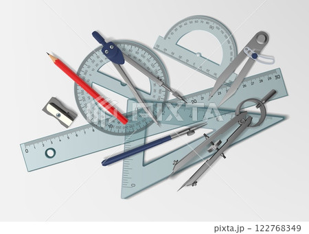 Architecture tools. Architect drafting stationery top view. Interior or engineer drawing on paper. Realistic protractor. Rulers and compass. Measuring length. Vector school accessories set 122768349