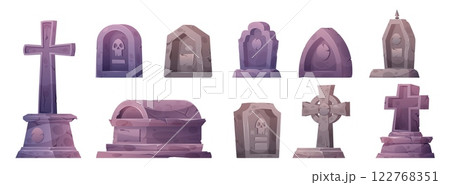Grave tombstone. Cemetery gravestone. Gothic graveyard. Spooky obelisk. RIP headstone. Celtic cross, tomb and epitaph. Granite mausoleum. Halloween horror. Vector funeral monuments set 122768351