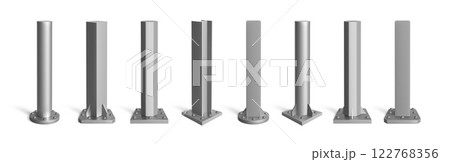 Metal pipe. Steel pole. Bar stick with iron texture. Aluminum pillar. Industrial construction column. 3D billboard support. Vertical sign post. Architecture stand. Vector signposts set 122768356