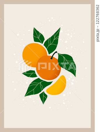 Orange citrus poster. Minimal isolated fresh fruit card design. Tangerine and green leaves, botanical summer print. Exotic tropical abstract food. Vector cartoon flat illustration Orange citrus poster. Minimal isolated fresh fruit card design. Tangerine and green leaves, botanical summer print. Exotic tropical abstract food. Vector cartoon flat illustration 122768362