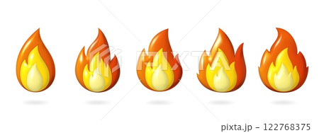 Fire emoji set. 3d hot flame, heat or smoke render glossy isolated on white background element, gas energy sparkle. Red temperature burn shape. Flammable campfire silhouette, vector emoticon 122768375