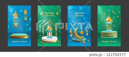 Ramadan story. 3d product podium, islam or ketupat gold lantern and display for golden voucher. Social media banner. Presentation product platform. Traditional Muslim vector background 122768377
