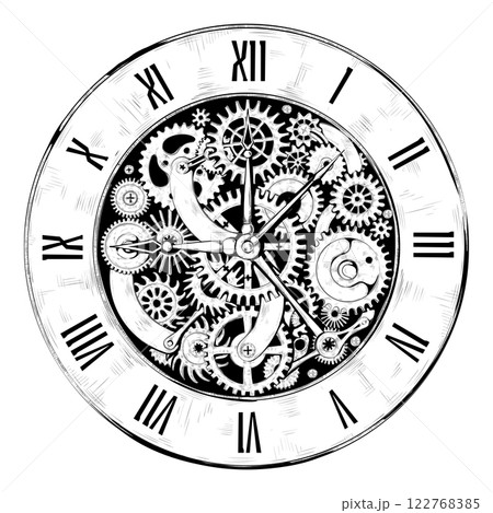 Vintage clock mechanism. Antique clockwork gear. steampunk watch dial with mechanical cogwheels. Chronograph arrows. Retro timepiece. Old chronometer. Vector graphic time illustration 122768385