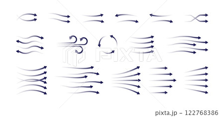Air arrow. Wind flow. Blue wave effect or cold water light suction. Fan system. Blowing direction. Clean stream. Conditioner breeze graphic icons. Airflow circulation. Vector symbols set Air arrow. Wind flow. Blue wave effect or cold water light suction. Fan system. Blowing direction. Clean stream. Conditioner breeze graphic icons. Airflow circulation. Vector symbols set 122768386