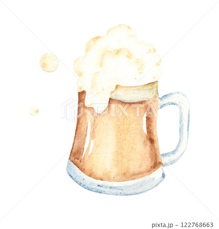 Mug of light Beer with Lush flowing foam, bubble froth. Glass of Alcoholic drink hand drawn illustration isolated on a white background. For holidays, Oktoberfest or St. Patrick's Day designs. 122768663