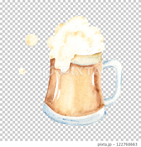 Mug of light Beer with Lush flowing foam, bubble froth. Glass of Alcoholic drink hand drawn illustration isolated on a white background. For holidays, Oktoberfest or St. Patrick's Day designs. 122768663