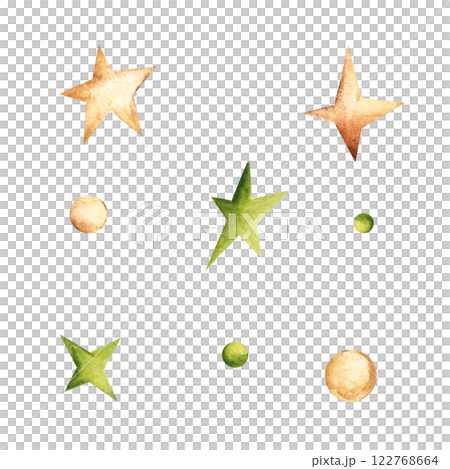 Golden and Green Stars and Circles or Baubles Set, Colorful Confetti. Abstract Watercolor celestial design elements isolated on a white background. Ideal for festive, St. Patrick day or magical-themed 122768664