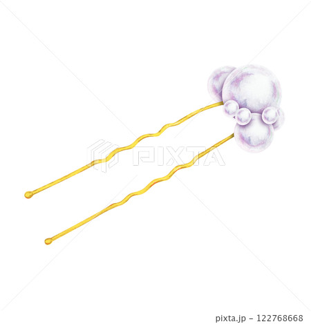 Graceful watercolor illustration of a golden hairpin with pearls. A stylish and feminine detail for bridal hairstyles, luxury jewelry branding, wedding decor, and high-end beauty fashion accessories 122768668